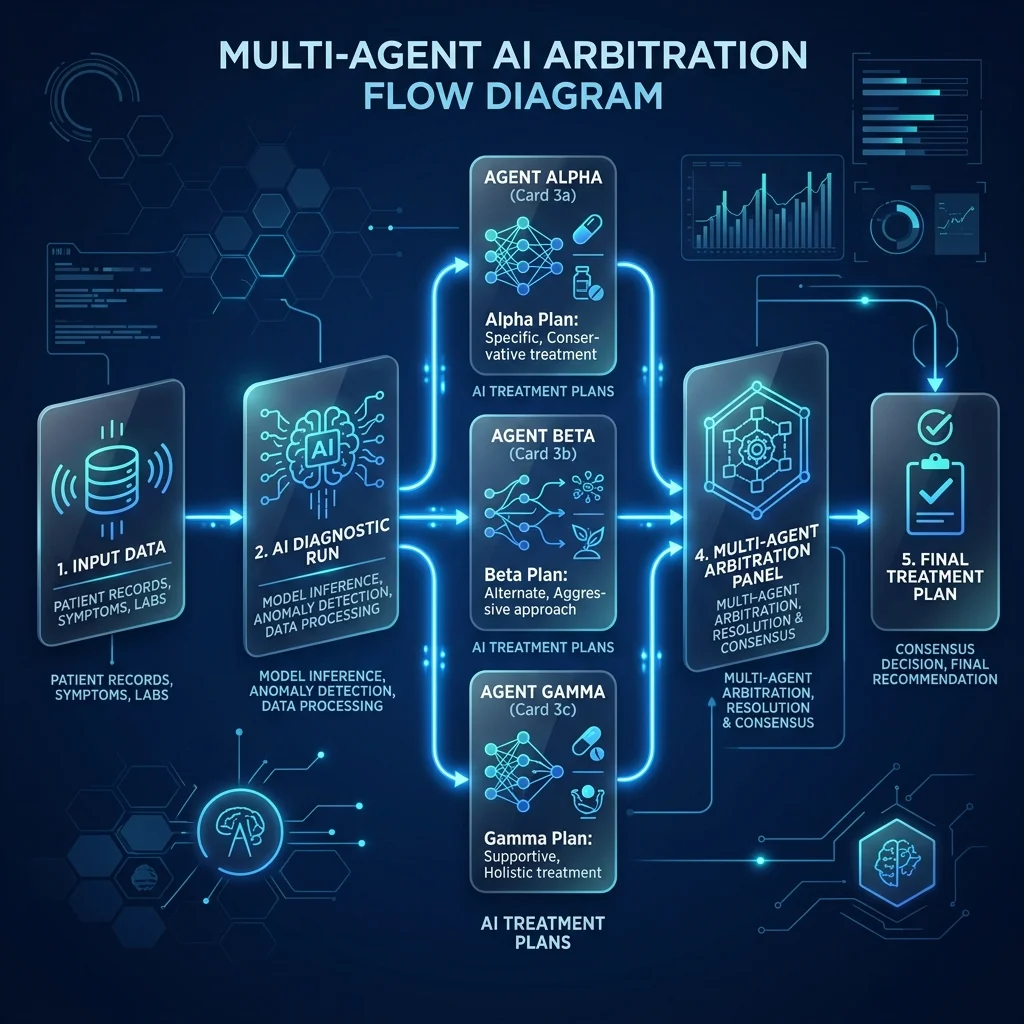 Flow diagram of the multi-agent arbitration pipeline resolving the conflicting medical reports