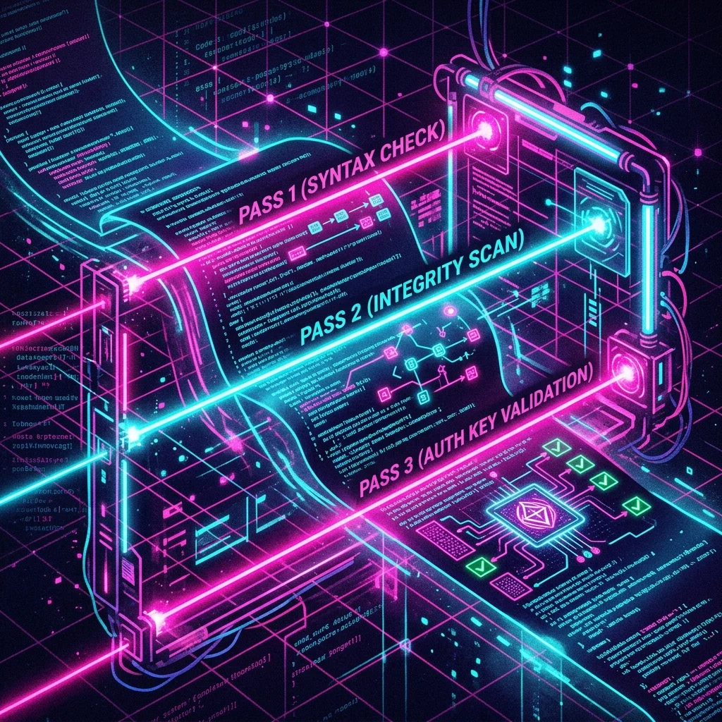 Cyberpunk neon document scanner with three verification layers labeled Pass 1, 2, and 3