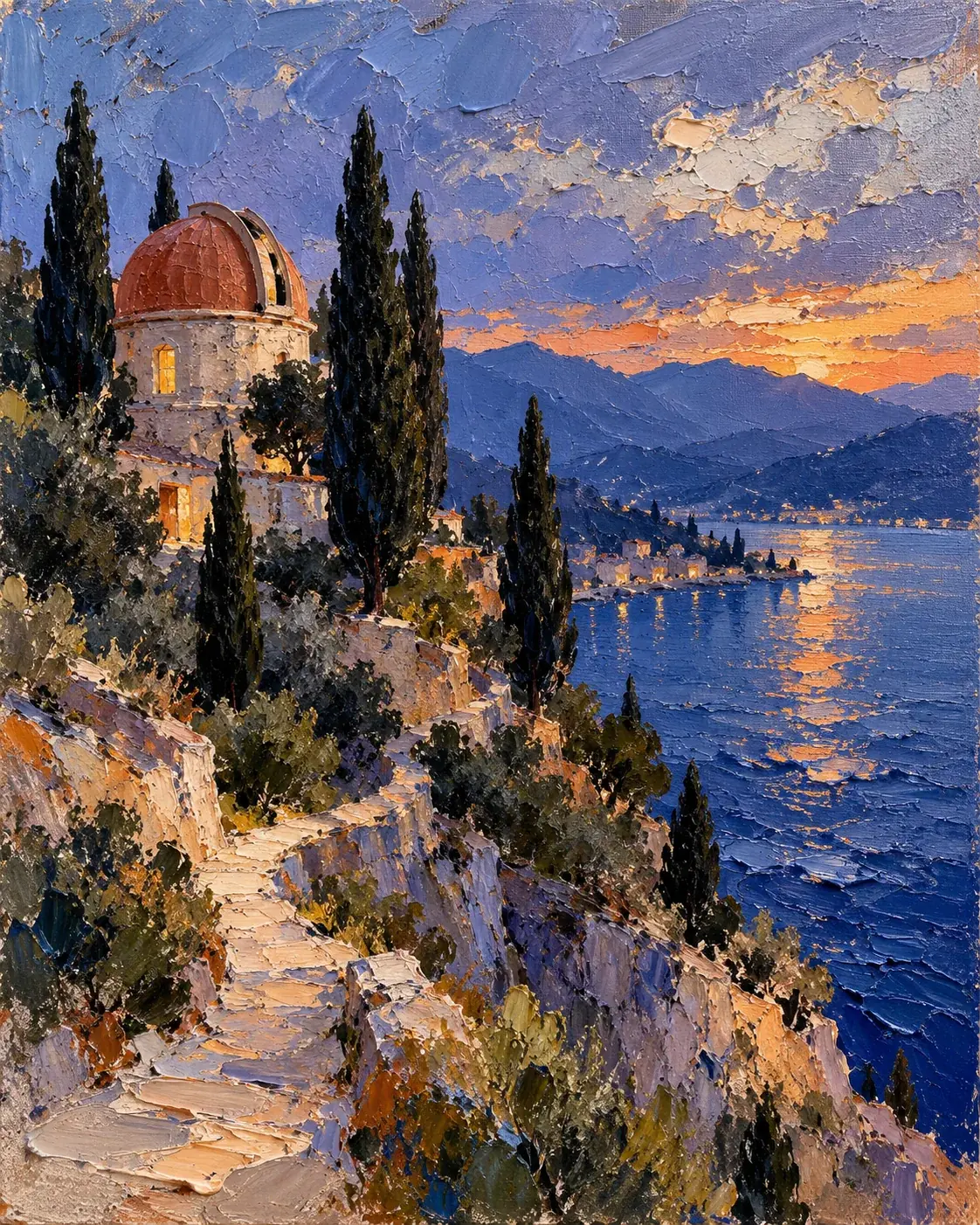 Impasto oil painting of a terracotta observatory above a cobalt lake at blue hour