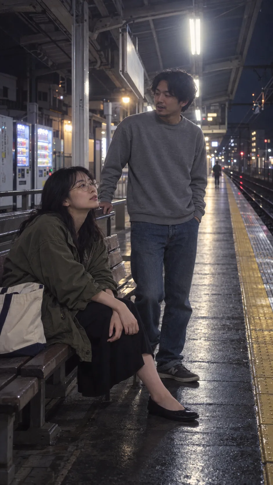 Two adults on a late-night Japanese train platform with glowing vending machines and motion trails in the distance