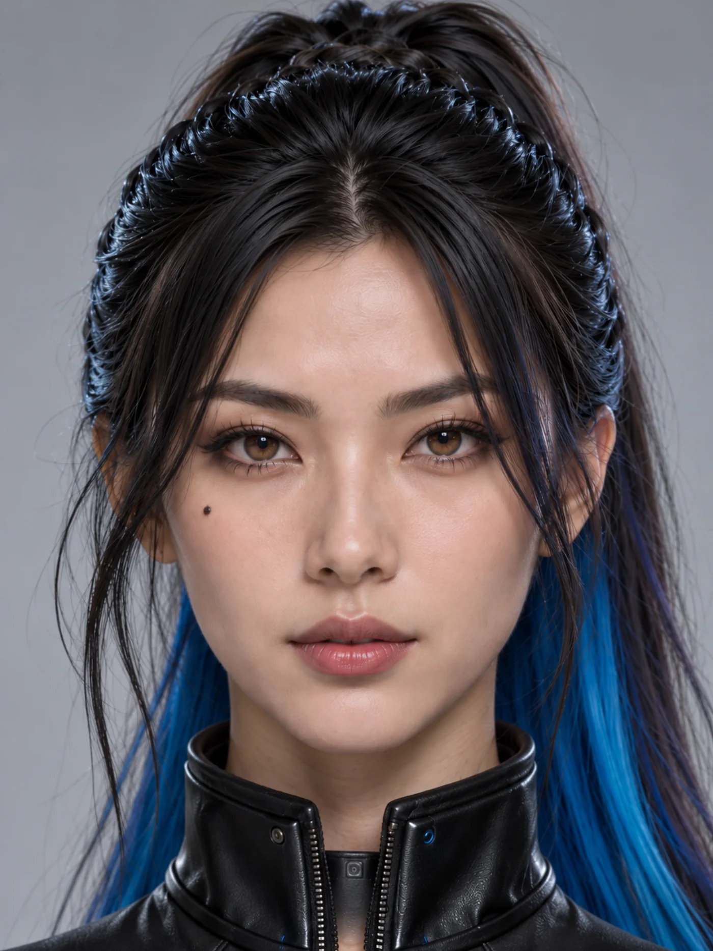 Extreme close-up three-quarter portrait of the heroine's face filling the frame