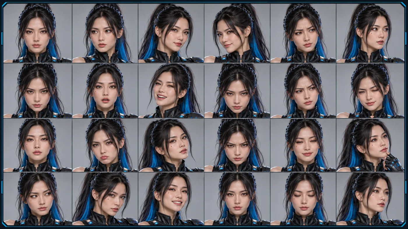 Character reference sheet with a left attribute column and six photographs of one woman