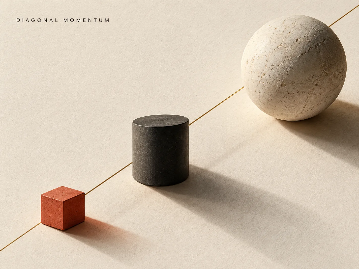 Tactile editorial composition study with a vermilion cube, charcoal cylinder, and pale stone sphere along a rising diagonal