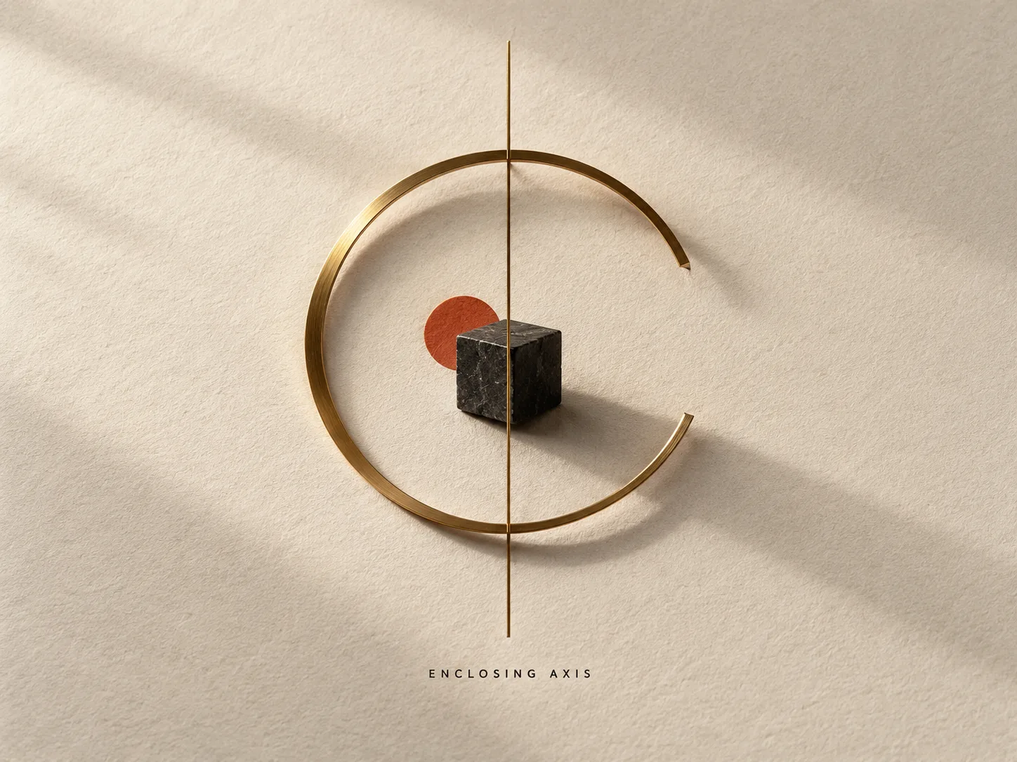 Dark basalt cube enclosed by a fine brass arc and vertical axis on a textured ivory composition plate
