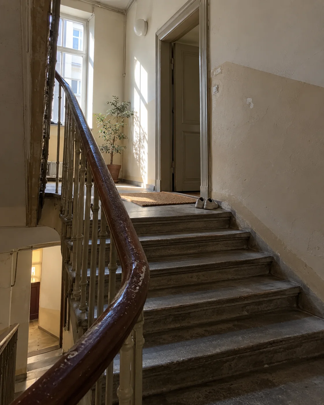 Worn apartment stairwell with a curved handrail and morning window light