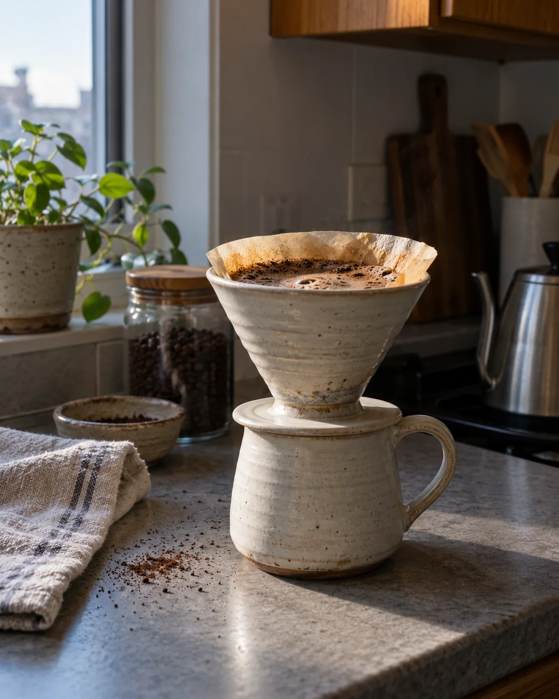 Handmade stoneware pour-over set on a kitchen counter in soft morning window light
