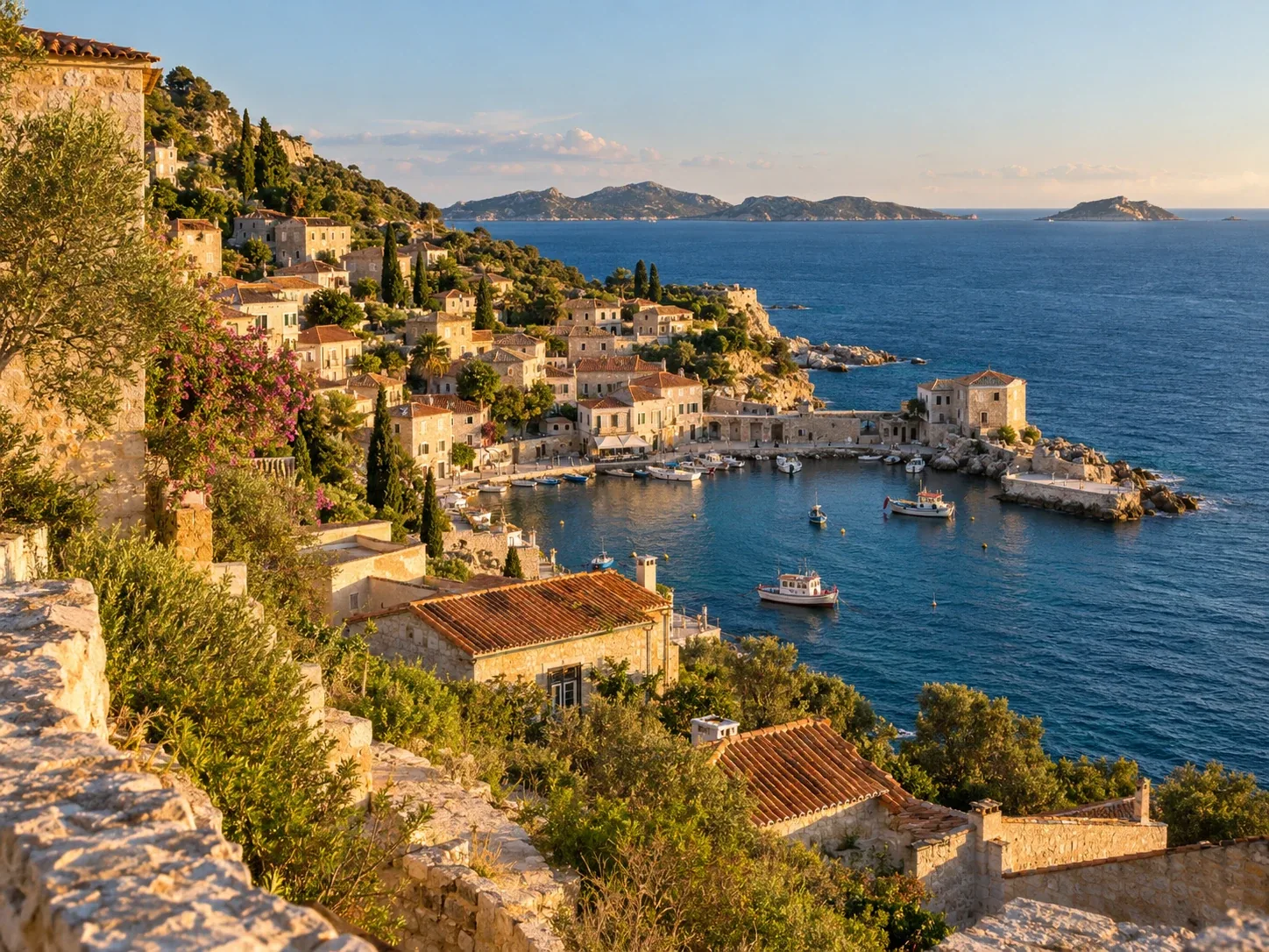 AI-generated travel photograph of a Mediterranean hillside town above a blue harbor at golden hour
