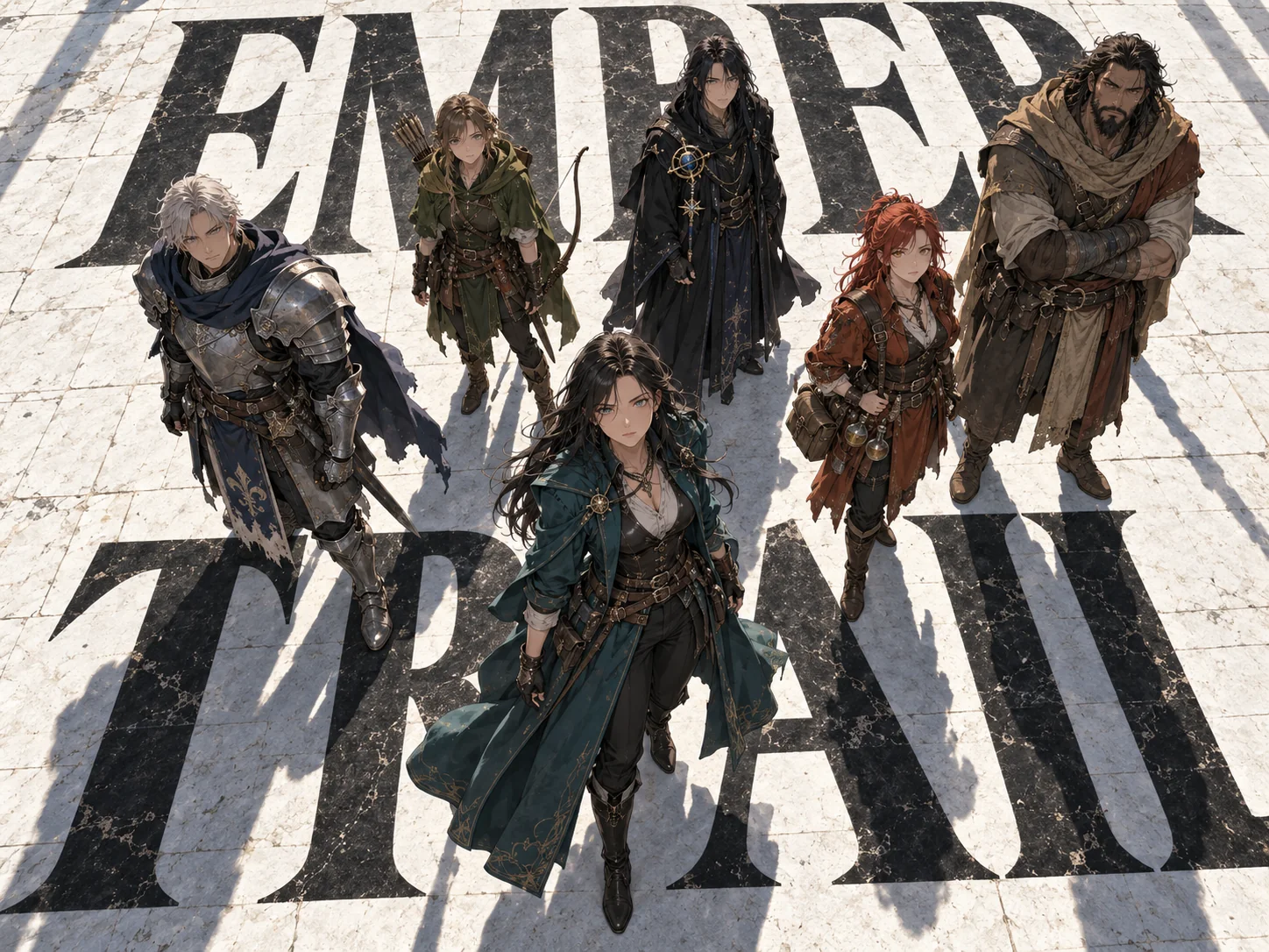 Six fantasy adventurers standing on a plaza floor built from giant EMBER TRAIL letterforms