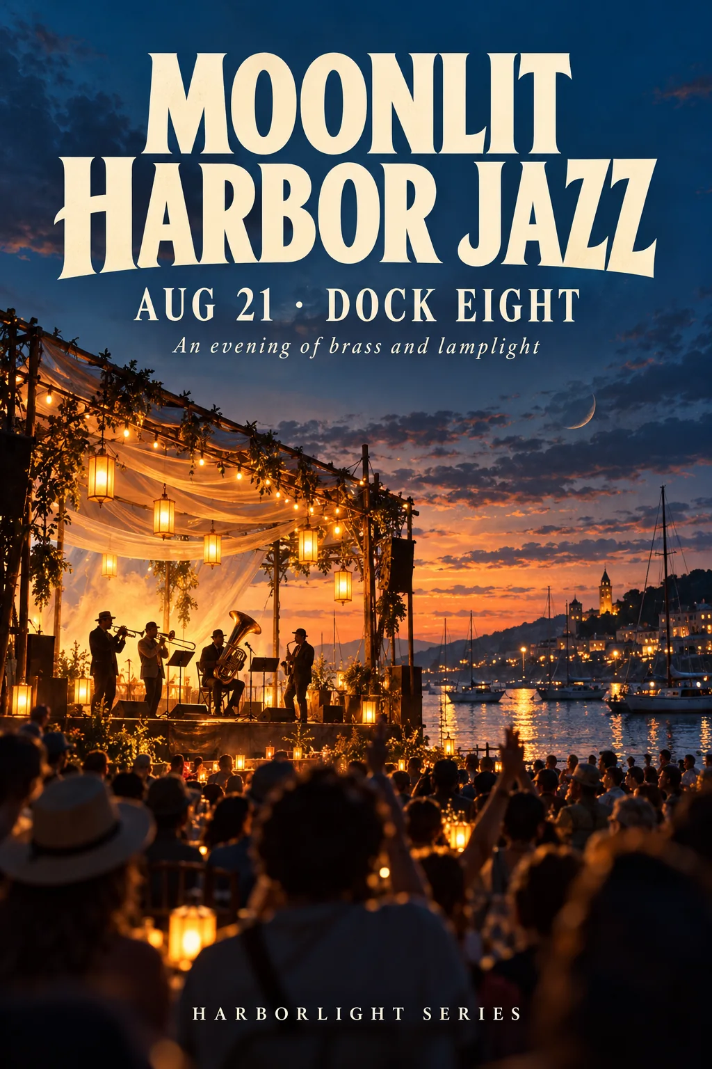 Harbor jazz festival poster with brass quartet silhouettes and warm lantern light