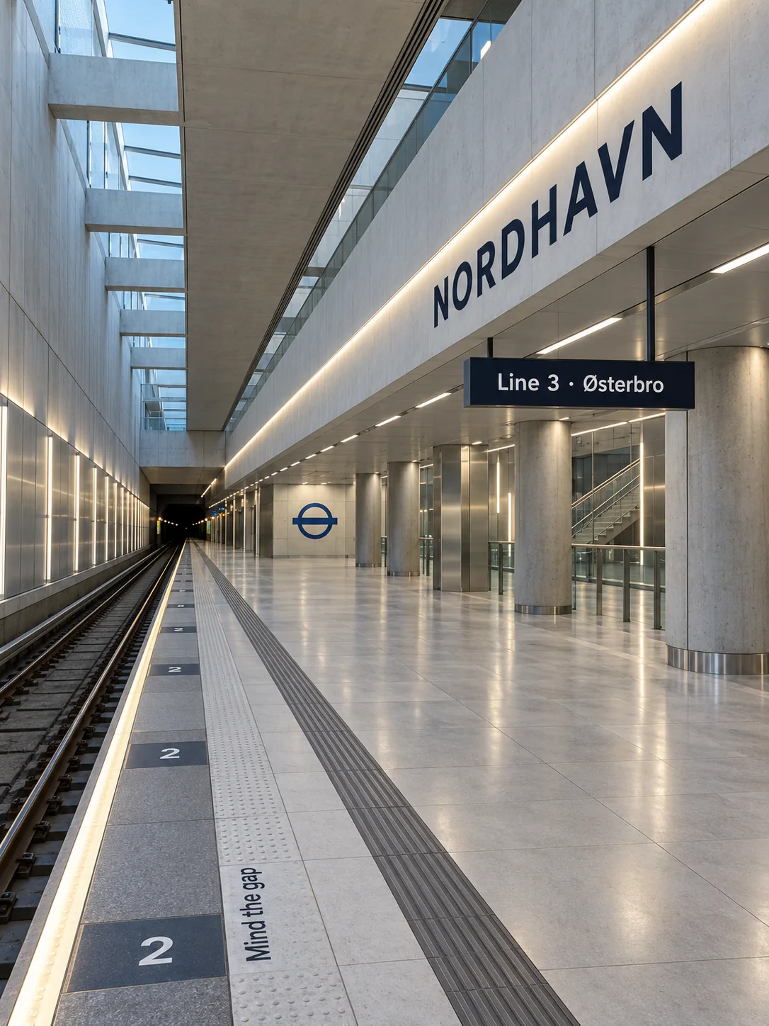Modern metro platform with NORDHAVN station signage and Line 3 direction sign