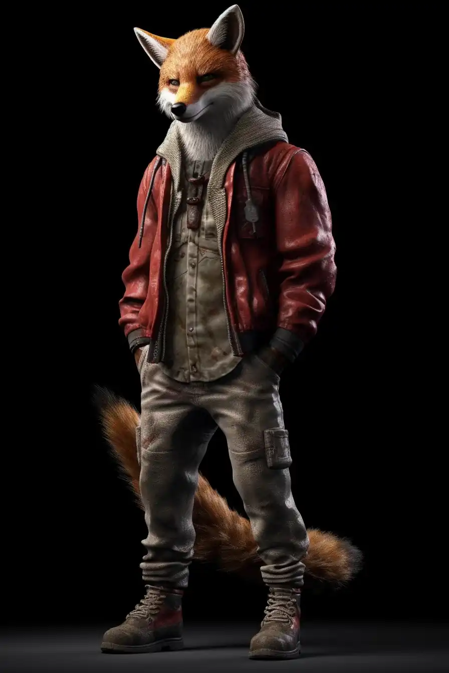 Anthropomorphic red fox character with fox head, ears and tail on humanoid body, wearing casual modern clothing with leather jacket, relaxed confident stance, semi-realistic style with detailed fur texture, soft natural lighting
