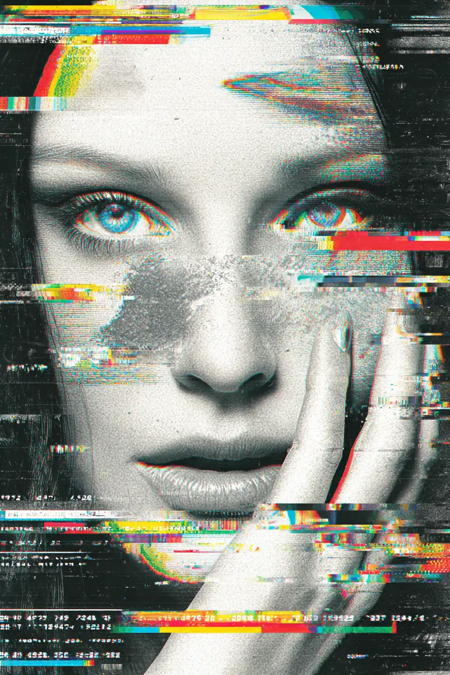 Glitch art portrait with RGB split and digital distortion effects