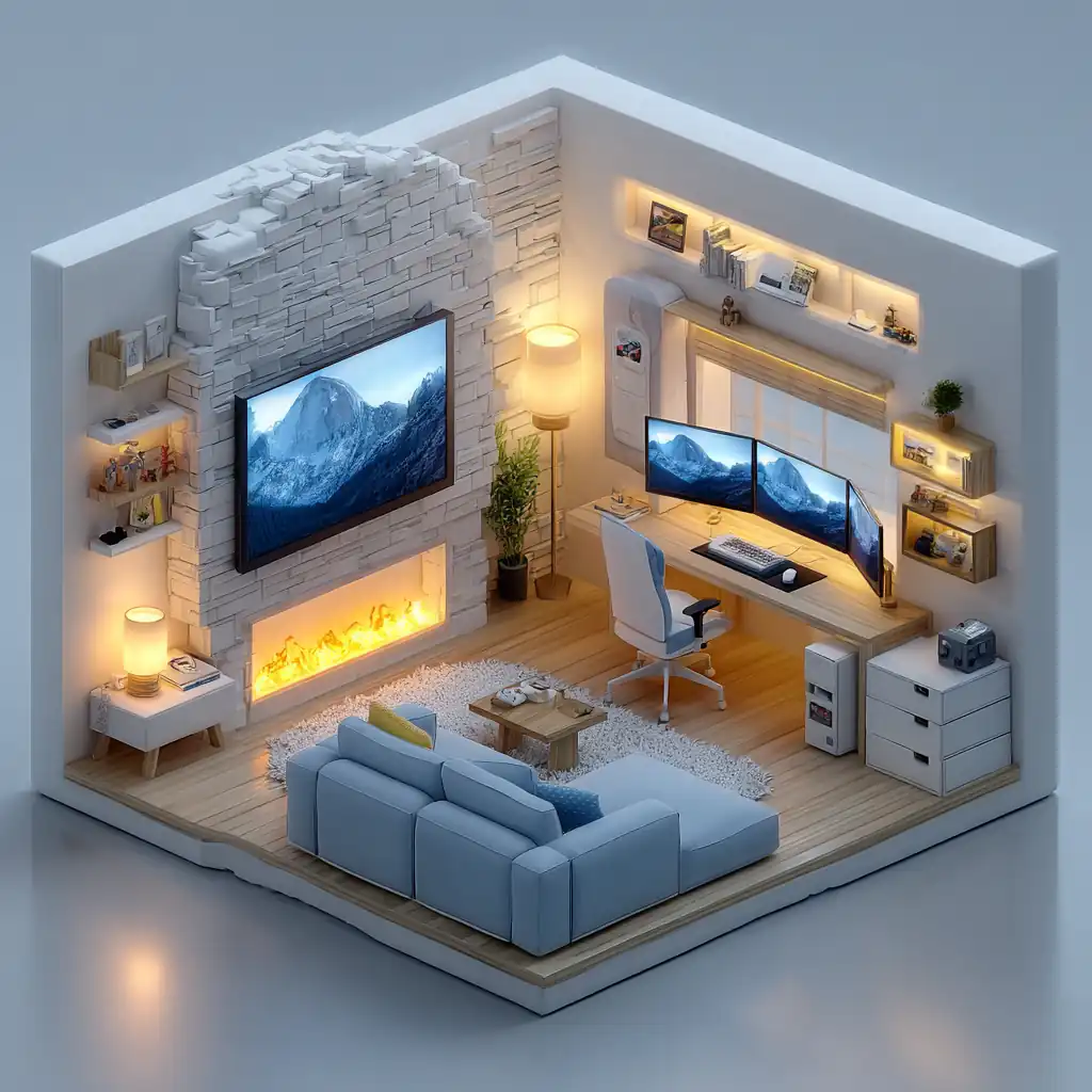 Isometric 3D design of a cozy gaming room with soft lighting
