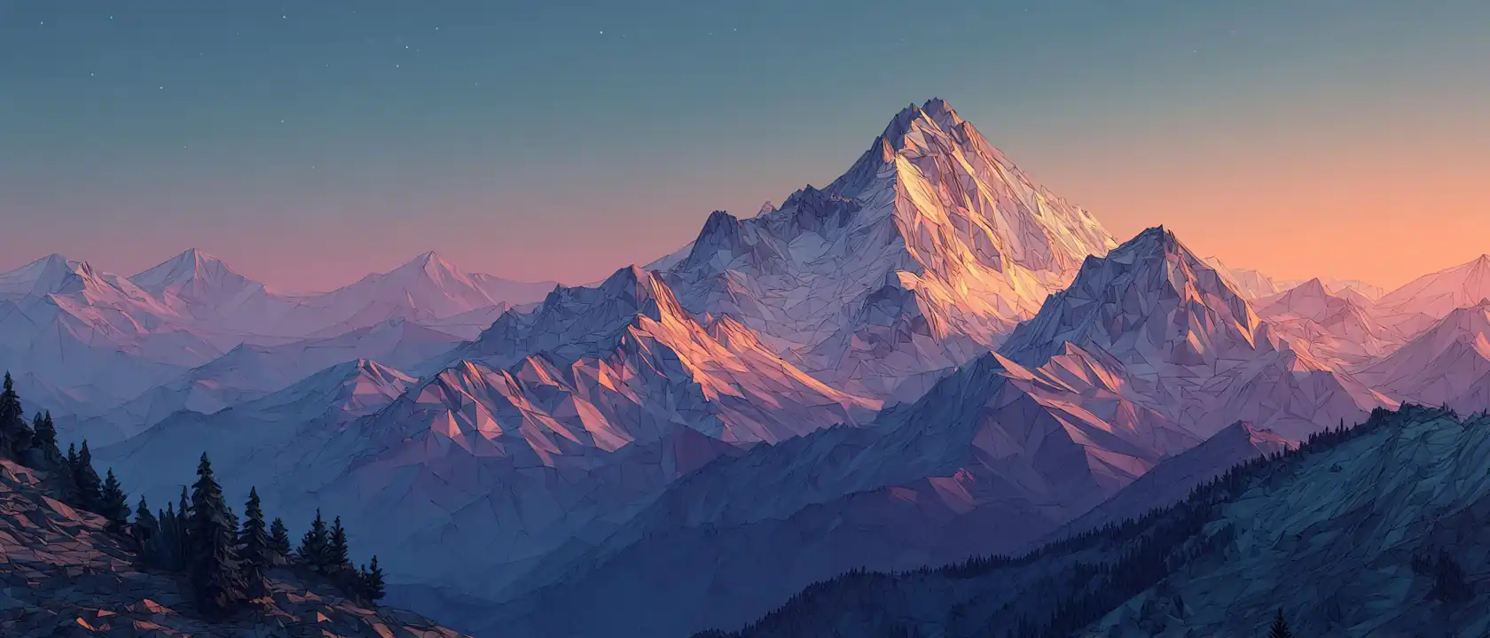 Low-poly mountain landscape at sunset with geometric terrain