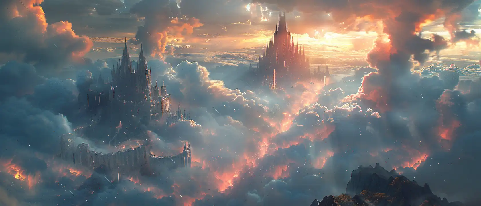 Epic fantasy castle matte painting with towering spires and atmospheric perspective