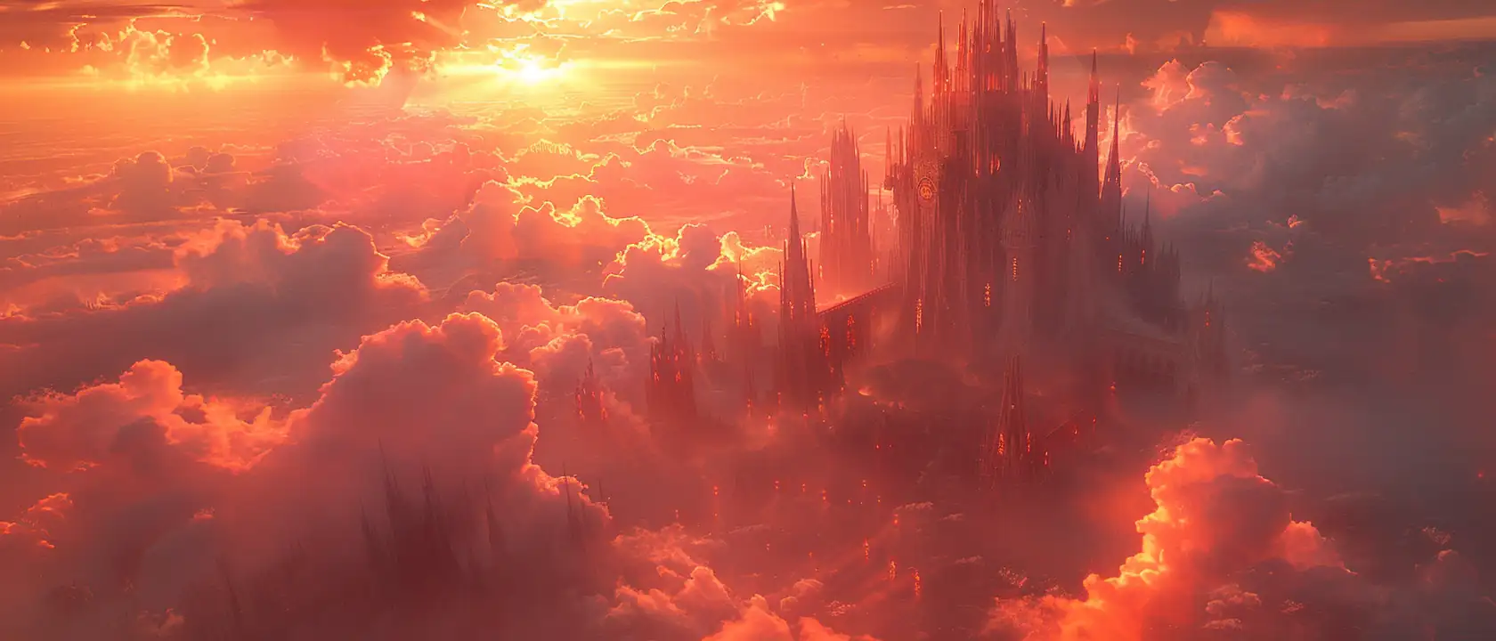Fantasy castle matte painting with dramatic volumetric lighting and cinematic atmosphere