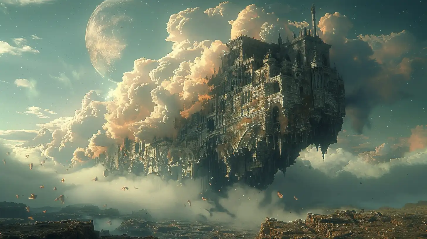 Surreal dreamlike artwork with floating objects and impossible architecture