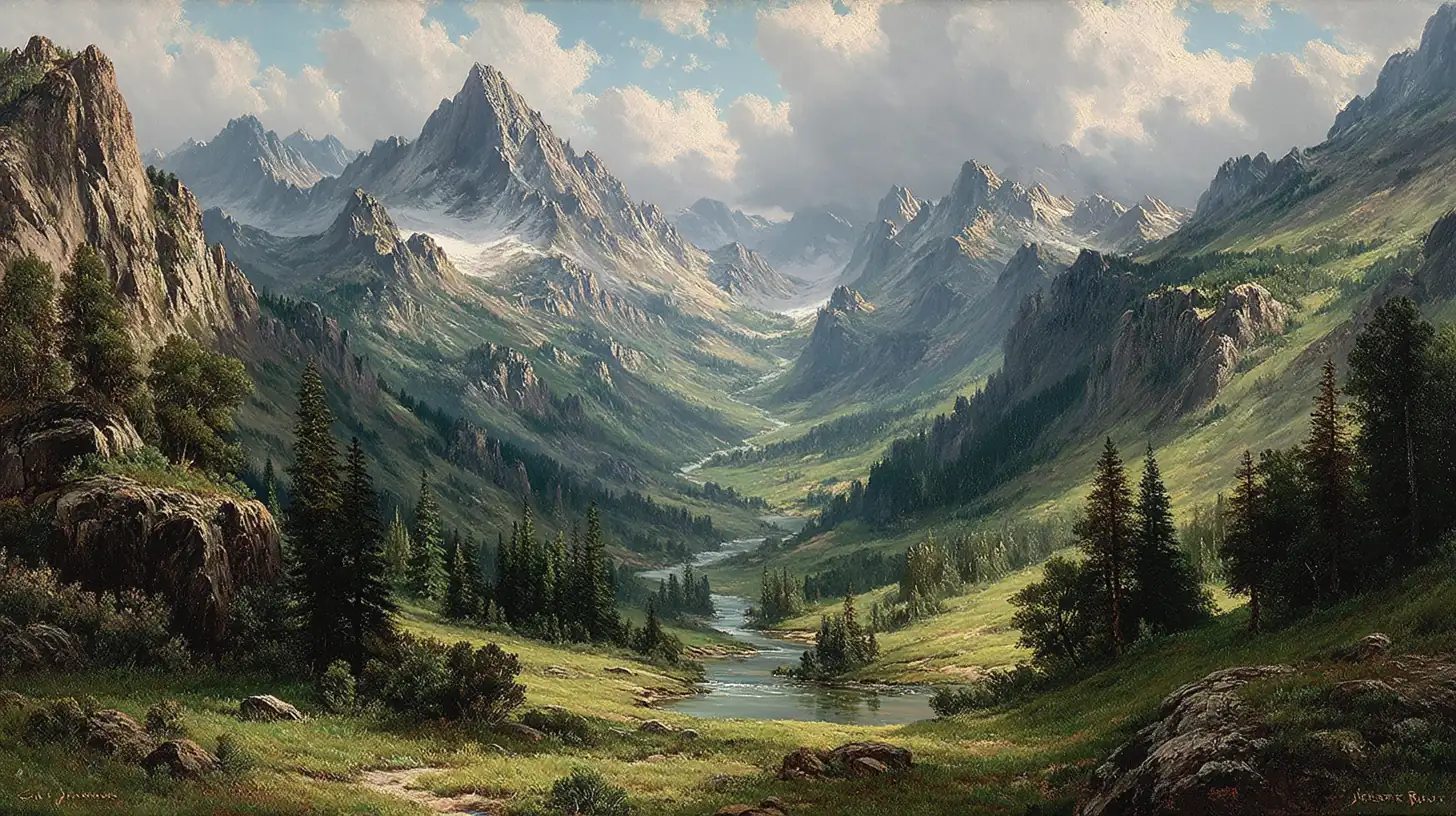 Classical oil painting of a dramatic landscape with mountains and storm clouds