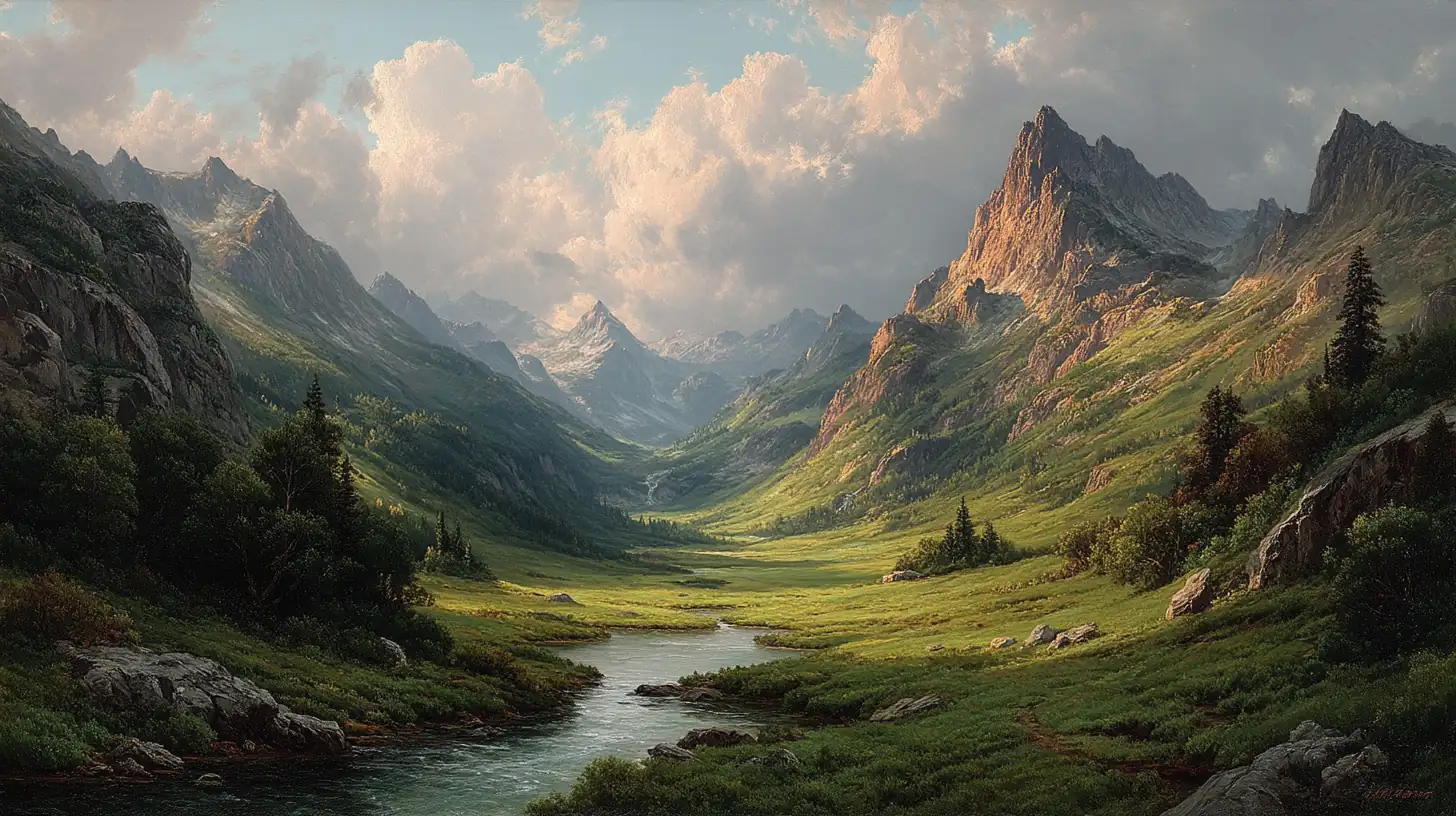 Detailed oil painting of a mountain valley at golden hour with rich shadows