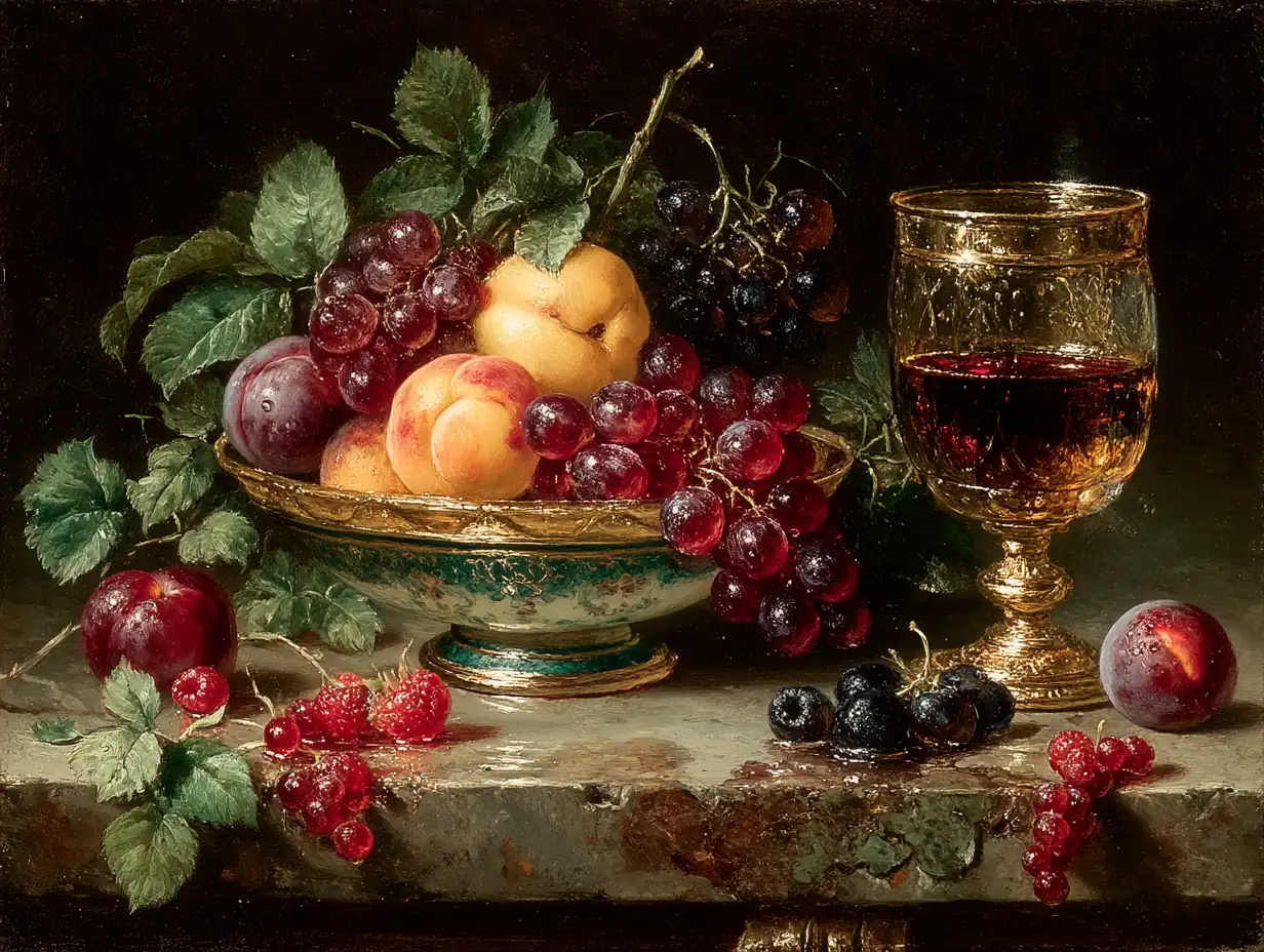 Classical still life oil painting of fruit and wine