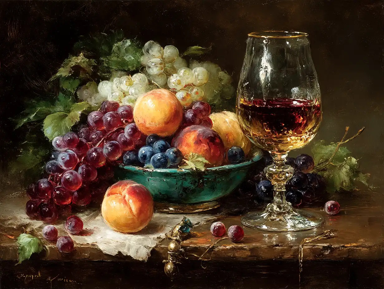 Oil painting still life with realistic fruit textures and glass reflections