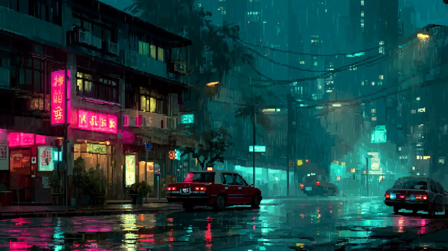 Pixel art cyberpunk city street with neon signs