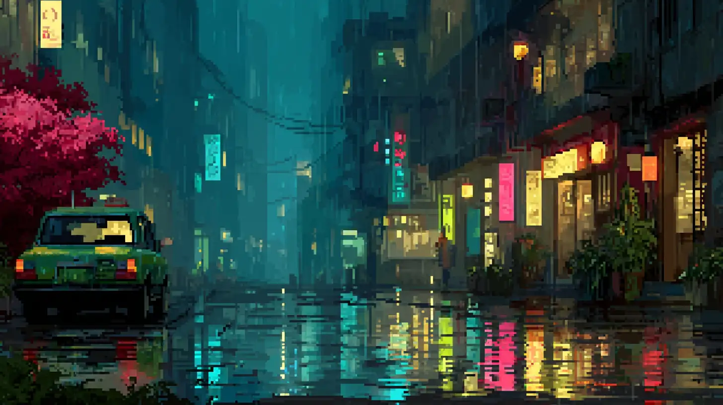 Futuristic pixel art cityscape with rain and glowing advertisements