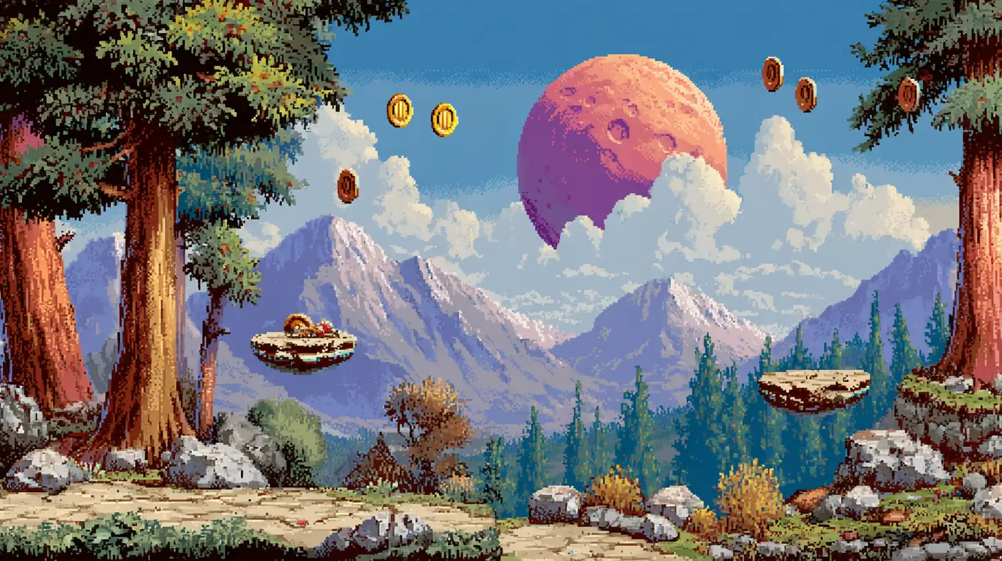 Pixel art platformer game scene with platforms and collectibles