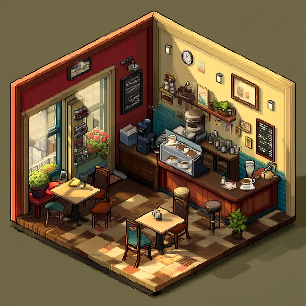 Isometric pixel art of a cozy coffee shop interior