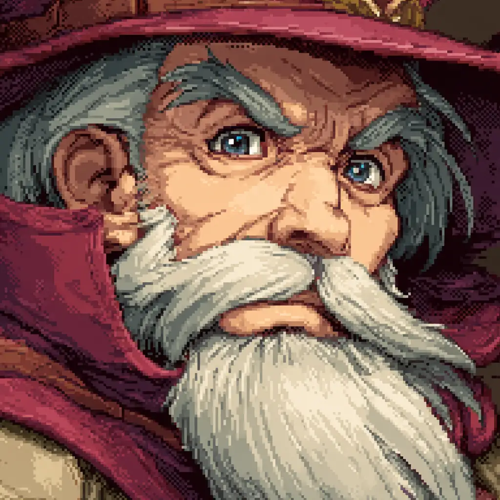 Pixel art RPG wizard portrait with detailed facial features and expressive eyes