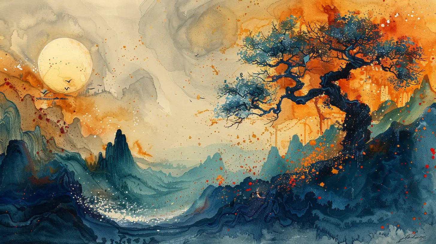 Mixed media watercolor combining ink lines with fluid washes and gouache accents