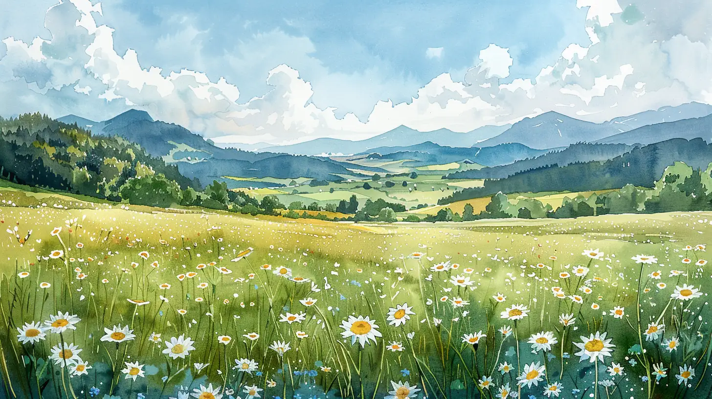 Watercolor landscape with distant mountains and atmospheric perspective