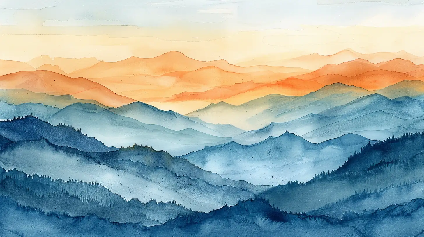 Watercolor landscape with warm natural lighting and brush strokes