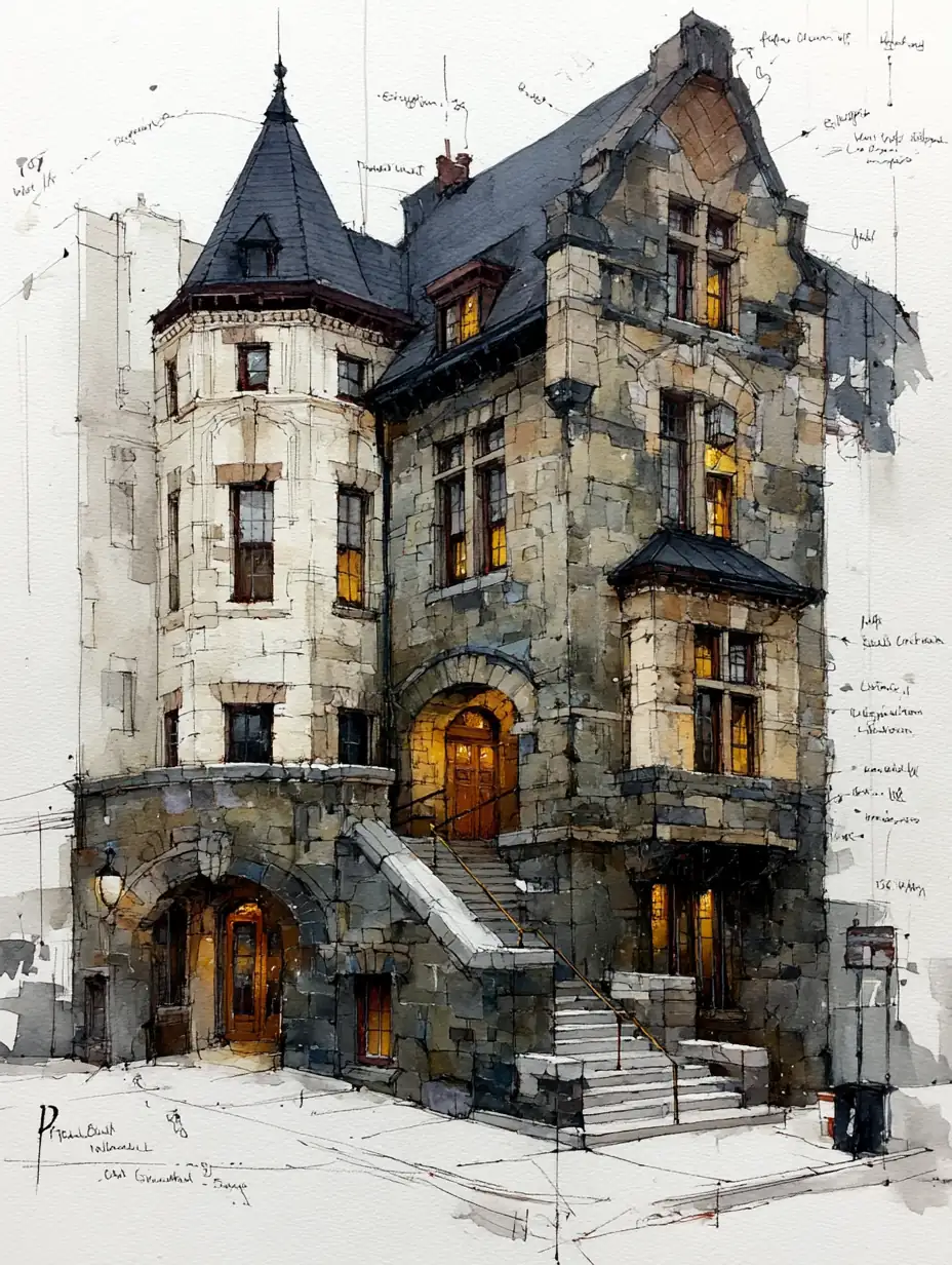 Watercolor architectural painting with atmospheric perspective and misty distant elements