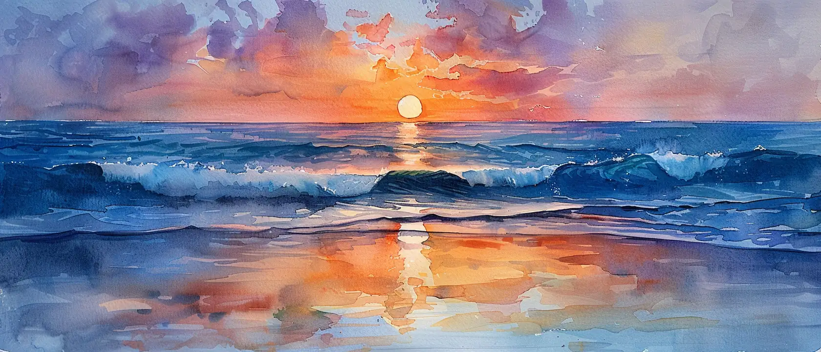 Watercolor seascape with golden sunset and soft atmospheric perspective