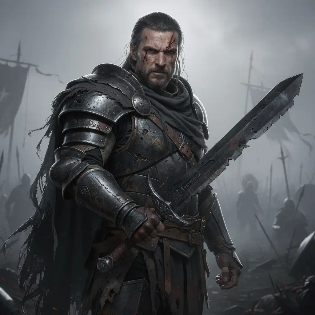 Dark fantasy warrior with battle-worn armor and grim determination