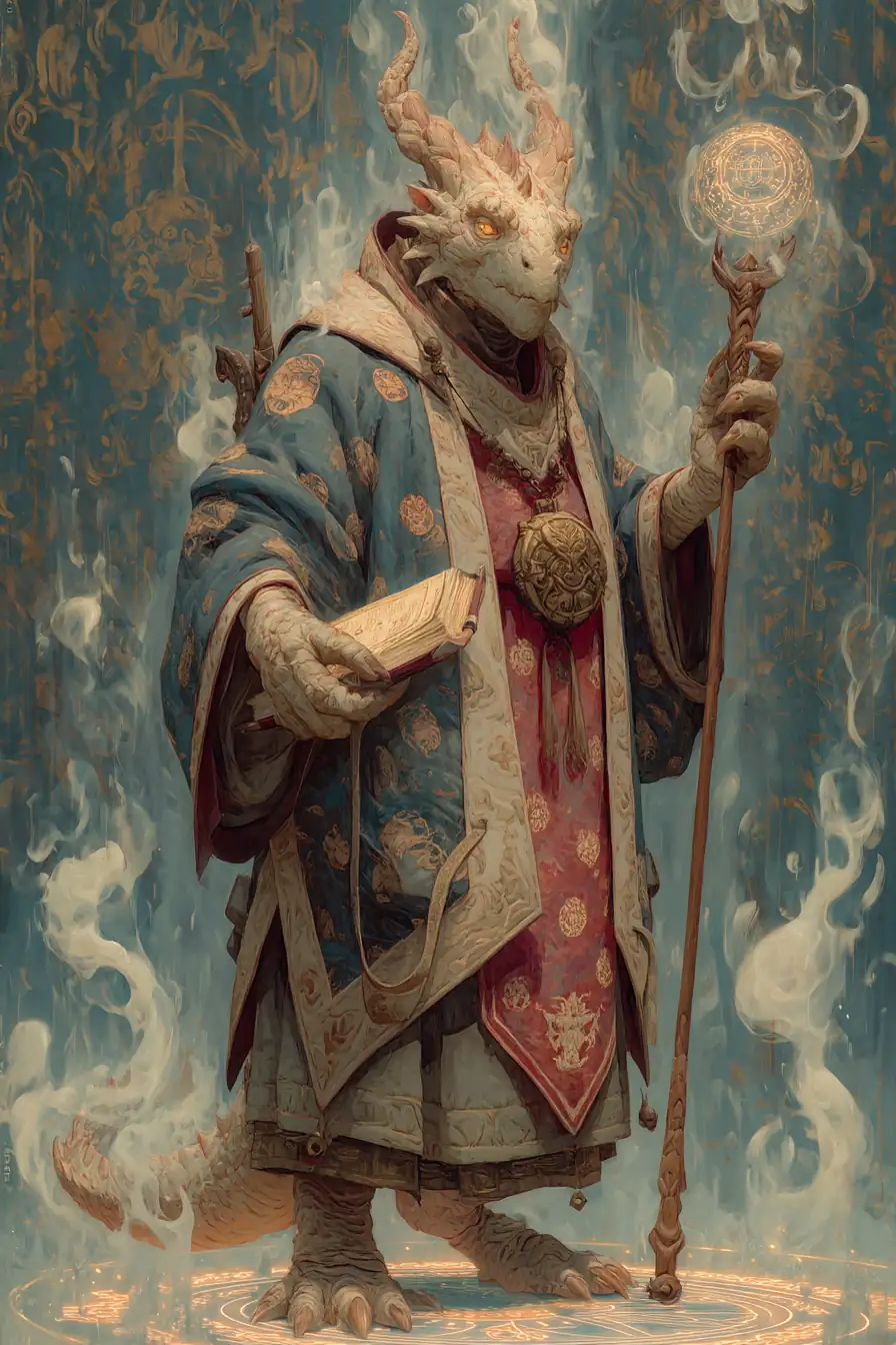 Dragon sage with glowing eyes and ancient tome