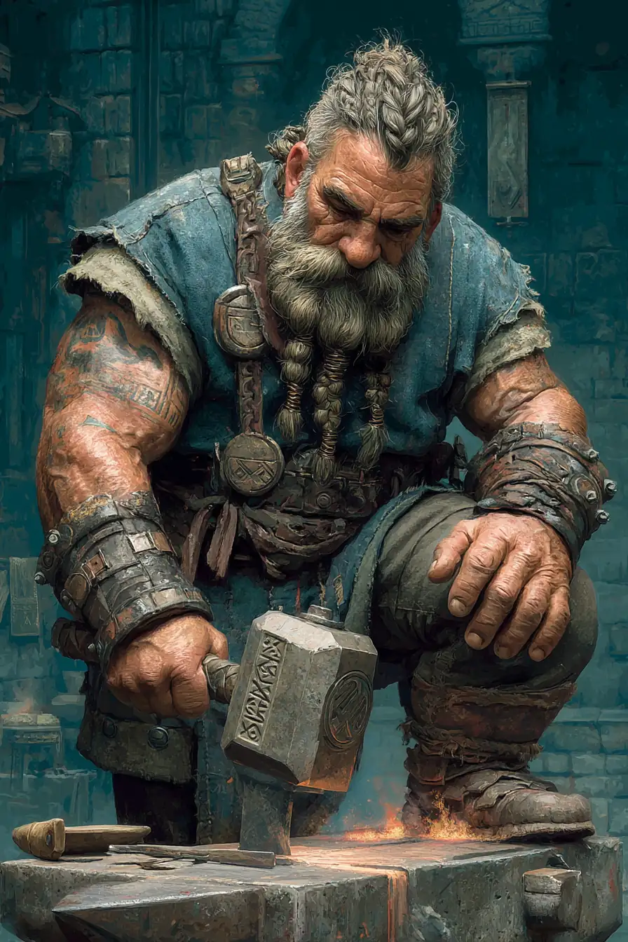 Dwarven blacksmith with impressive beard muscular build and masterwork forge tools