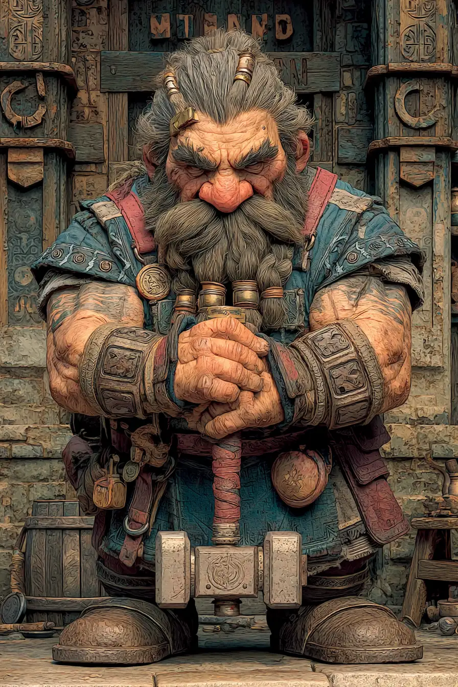 Dwarven blacksmith with glowing runic hammer and detailed beard