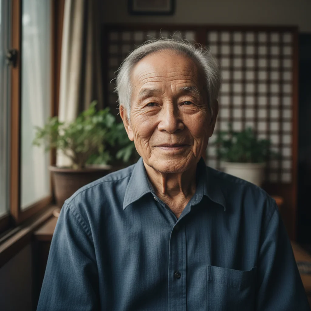 Photorealistic elderly Asian portrait with weathered face, wise eyes, gentle smile, and natural window lighting