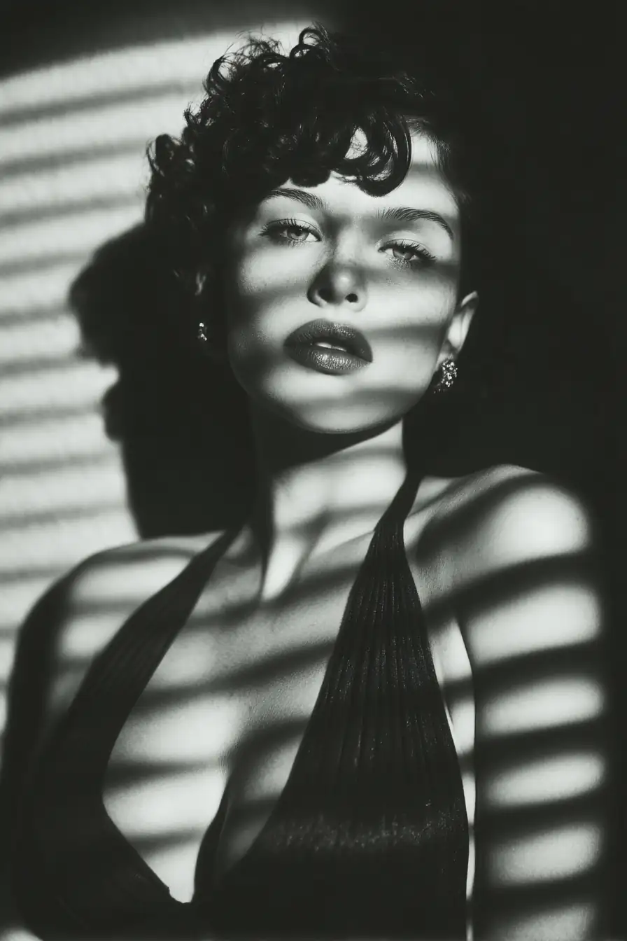 Black and white noir portrait of femme fatale with moody atmosphere