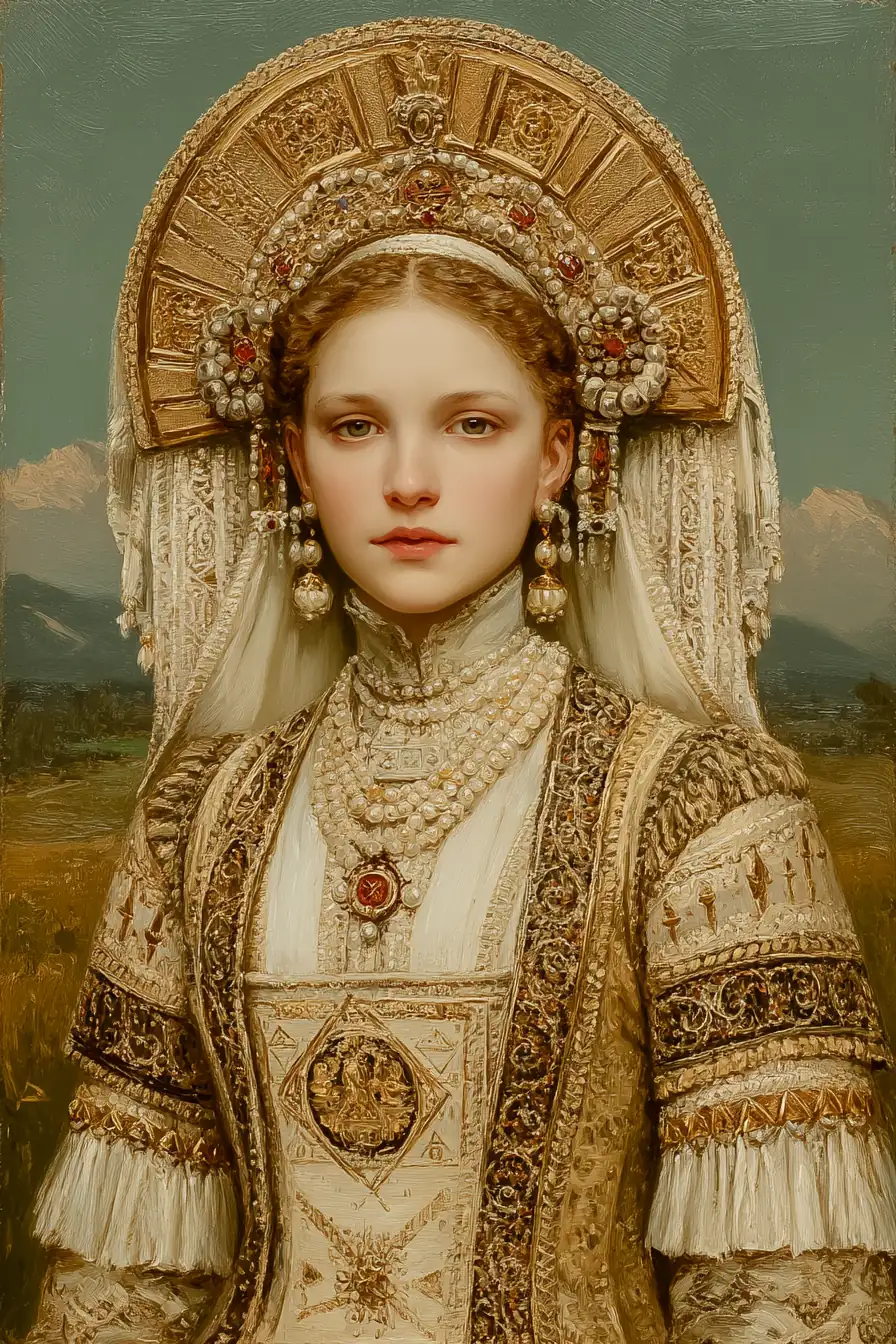 Renaissance painting of noble woman with intricate fabric and sophisticated composition