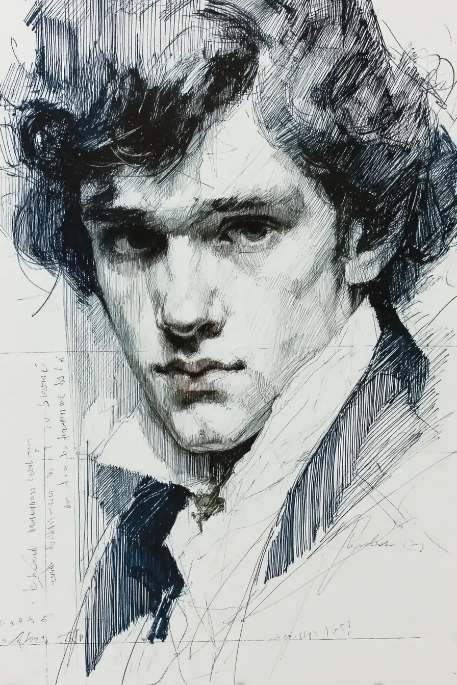 Charcoal sketch portrait with loose expressive lines and tonal values