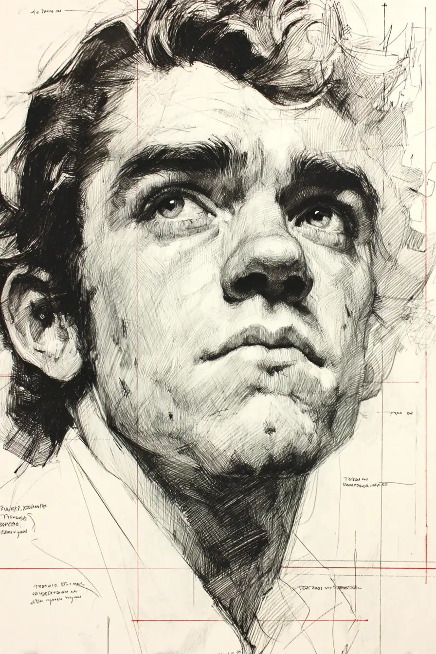 Pencil sketch style portrait with gestural mark-making