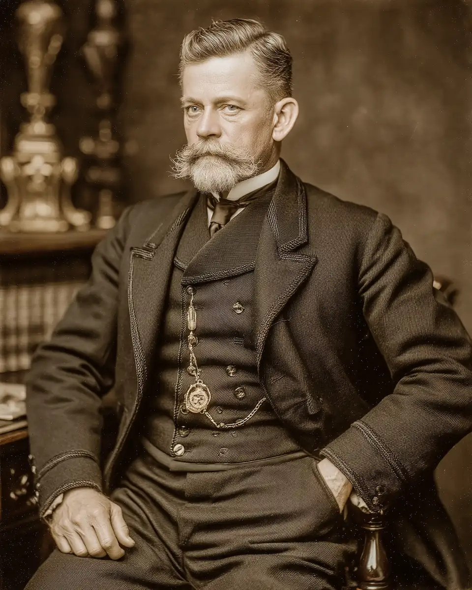 Vintage Victorian gentleman portrait with handlebar mustache and three-piece suit in sepia tones