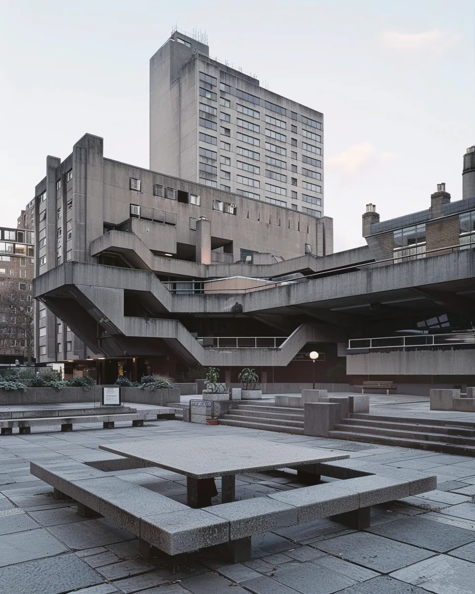 Brutalist cityscape featuring monumental concrete architecture and repetitive modular design