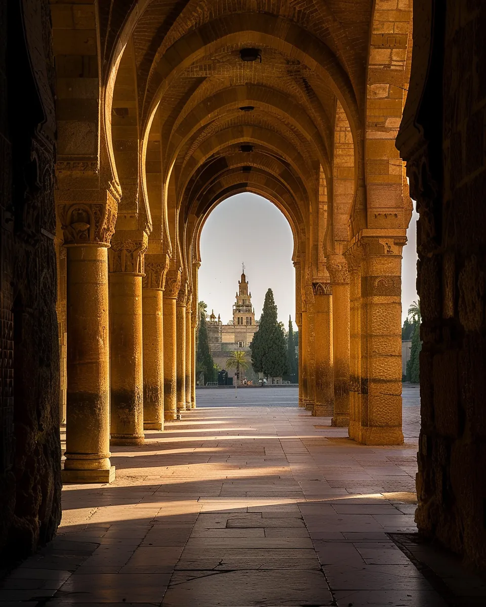 Cityscape framed through stone archway with foreground arch creating dark silhouette frame around illuminated city view beyond with architectural framing device adding depth