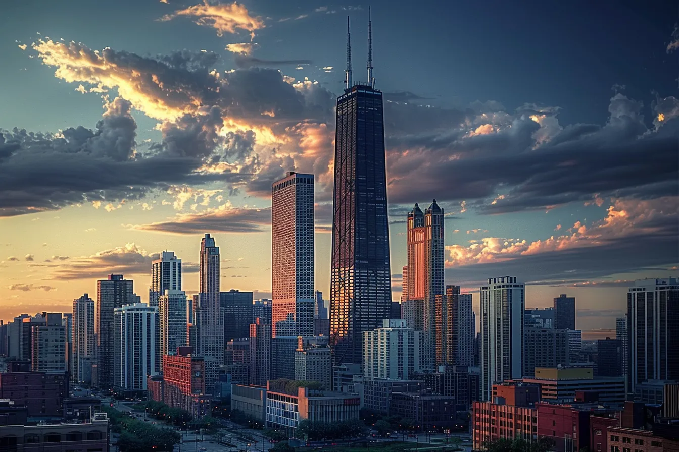 Cityscape with iconic skyscraper positioned at rule of thirds intersection with horizon at lower third with balanced composition and architectural focal point and supporting urban elements