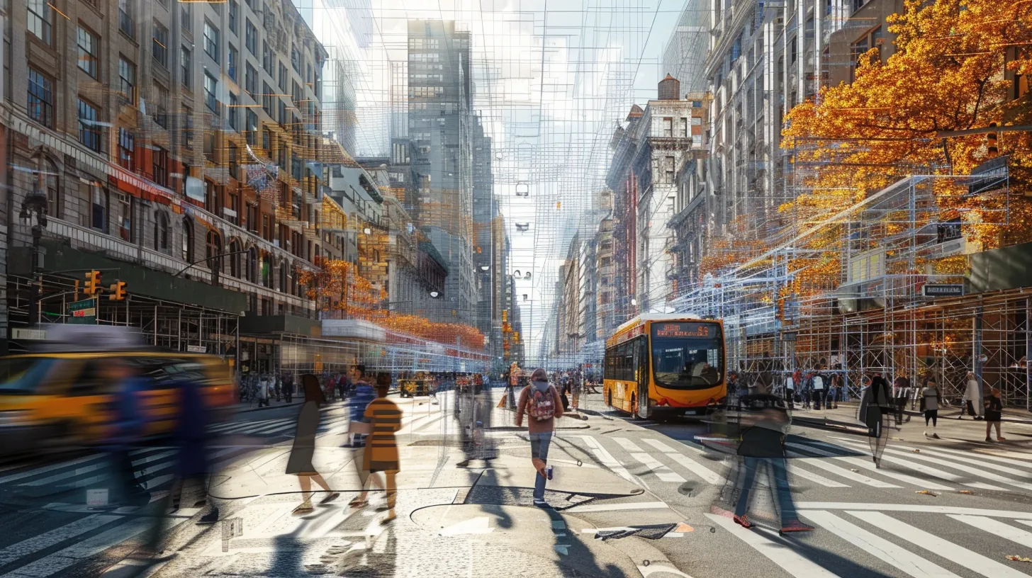 Urban scene with scale indicators making vast architecture comprehensible