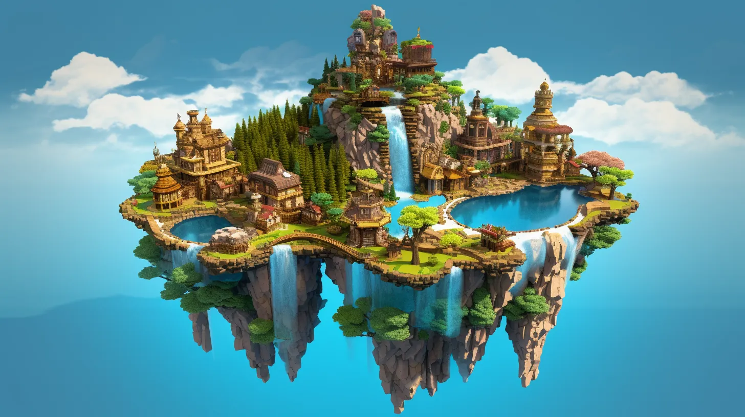 Aerial fantasy archipelago with floating islands, magical bridges, and mystical clouds
